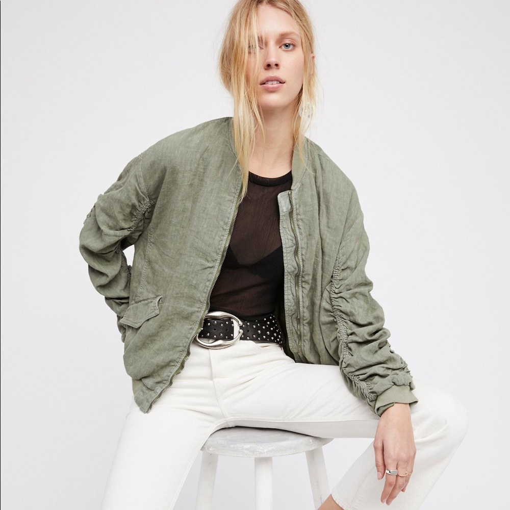 FREE PEOPLE Festival Wear Ruched Linen Oliver Green Bomber Jacket, S - Picture 2 of 16